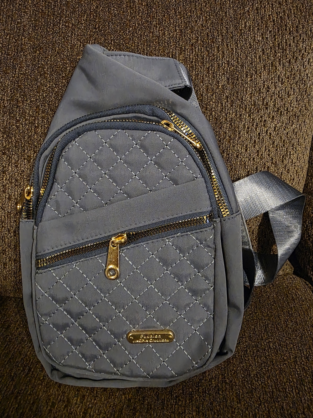 Quilted Gray Crossbody Sling Bag with Gold Hardware